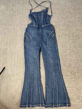 Urban Outfitters Blue Denim Corset Jumpsuit with Flared Legs